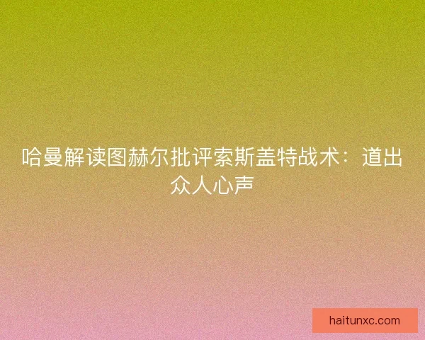 哈曼解读图赫尔批评索斯盖特战术：道出众人心声